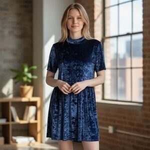 Entro Navy Blue Crushed Velvet Mock Neck Babydoll Dress Romantic Boho Glam M